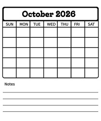 october 2026 blank calendar with notes printable