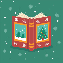 Open christmas story book with winter scenes