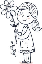 Outline style girl with a ponytail holding a large daisy flower