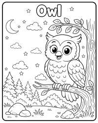 Owl perched on branch coloring page