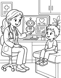 Pediatric Doctor Showing AI Health Monitor Coloring