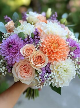 Beautiful Bouquet of Dahlias and Roses for Wedding Day