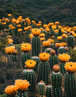 Blooming Cactus With Orange Flowers in Nature