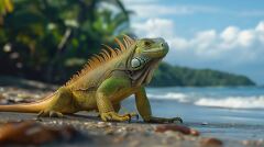 Bright Green Iguana Explores Beach Shores in Costa Rica