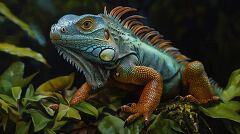 Bright Green Iguana Resting Among Foliage in Costa Rica