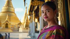 Burmese Woman in Colorful Longyi by Ancient Golden Pagoda