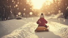 Child Joyfully Sledding Through a Snowy Wonderland