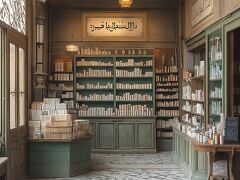 Classic Arabic Pharmacy With Vintage Charm and Green Shelves