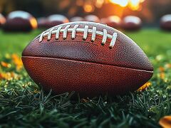 Close up of a Textured Football on Green Grass Field