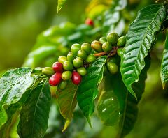 Coffee Beans Growing in Costa Rica Under Lush Foliage