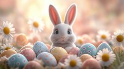 Colorful Easter Eggs and a Cheerful Bunny in Spring Flowers