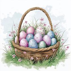 Colorful Easter Eggs in a Basket on Green Grass