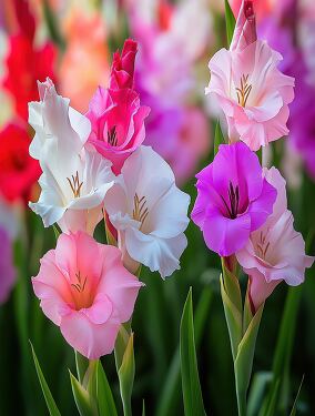 Colorful Gladiolus Blooms in a  Garden Setting