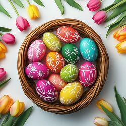 Colorful Handpainted Easter Eggs in a Decorative Basket