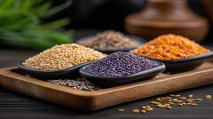 Colorful Mixed Grains Displayed on a Wooden Tray