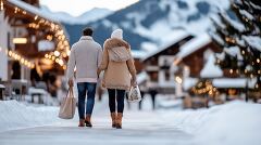 Couple Walking Through a Snowy Village During Winter