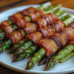 Crispy Bacon Wrapped Asparagus on a Rustic Plate