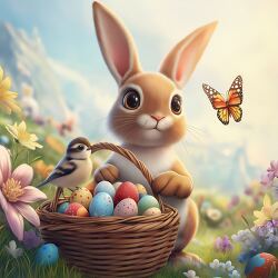 Cute Easter Bunny With Basket of Colorful Eggs and Flowers