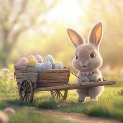 Cute Easter Bunny With Wooden Wagon in Spring Meadow