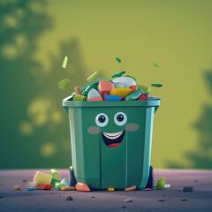 Cute Green Garbage Bin Character With Biodegradable Waste