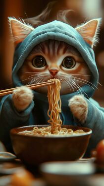 Cute Kitten Enjoying a Bowl of Noodles in a Cozy Setting