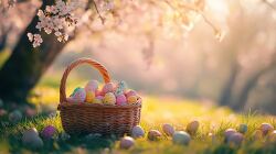 Easter Basket Under Cherry Tree in Spring