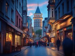 Evening Glow of Galata Tower in Istanbuls Streets