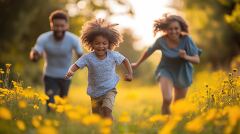 Family Enjoys Playful Run Through a Sunny Field