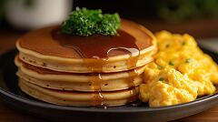 Fluffy Pancakes With Syrup and Scrambled Eggs on a Plate