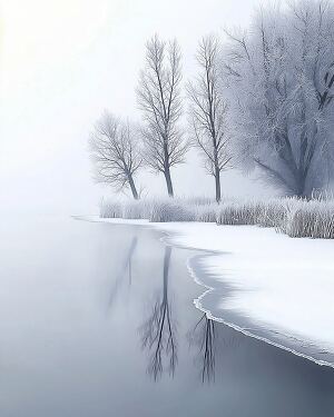 Foggy Morning on a Frozen Lake With Serene Reflections