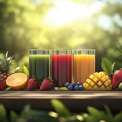 Four Refreshing Fruit Juices in Vibrant Glasses Outdoors