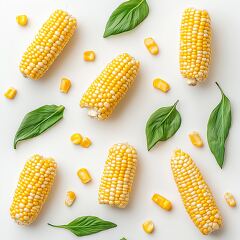 Fresh Corn Cobs and Leaves Arranged on a White Background