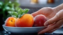 Fresh Peaches Being Rinsed Under Water in a Kitchen