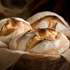 Freshly Baked Bread in a Woven Basket on a Table