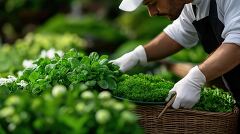 Gardener Arranging Fresh Herbs in a Luxury Hotel Garden