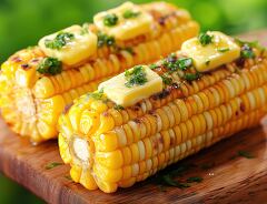 Grilled Corn Cobs With Butter and Herbs on Wooden Board