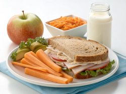 healthy school lunch turkey sandwich carrot sticks apple milk