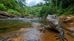 Iguana Relaxing by the River in Costa Rica Nature