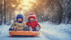 Joyful Winter Adventure of Children Sledding Through Snow