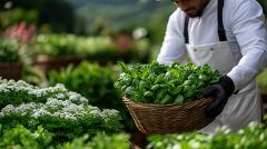 Luxury Hotel Gardener Harvesting Fresh Herbs in the Garden