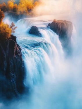 Majestic Waterfall Cascades Through Misty Autumn Landscape