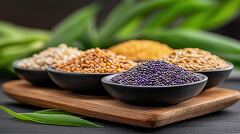 Mixed Grains Displayed on Wooden Board With Green Background