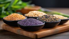 Mixed Grains in Bowls on a Wooden Board