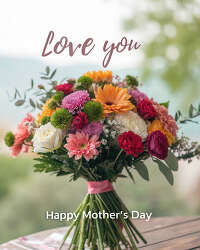 Mothers Day bouquet on table with love message