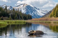 North American Beaver Swims in Glacier National Park Lake