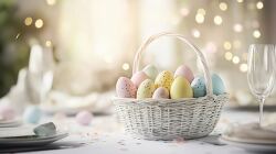 Pastel Easter Eggs in a Woven Basket on a Festive Table