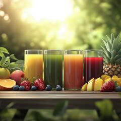 Refreshing Fruit Juices on a Wooden Table in Sunlight