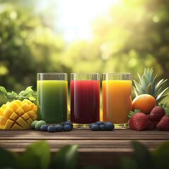 Refreshing Fruit Juices Surrounded by Fresh Ingredients