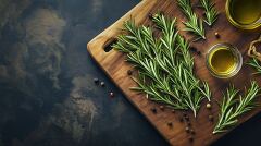 Rosemary Sprigs Glisten With Olive Oil on Rustic Wood Board