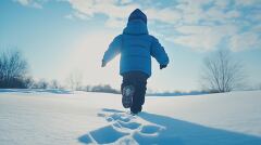 Running Through the Snow a Boy Leaves Footprints Behind